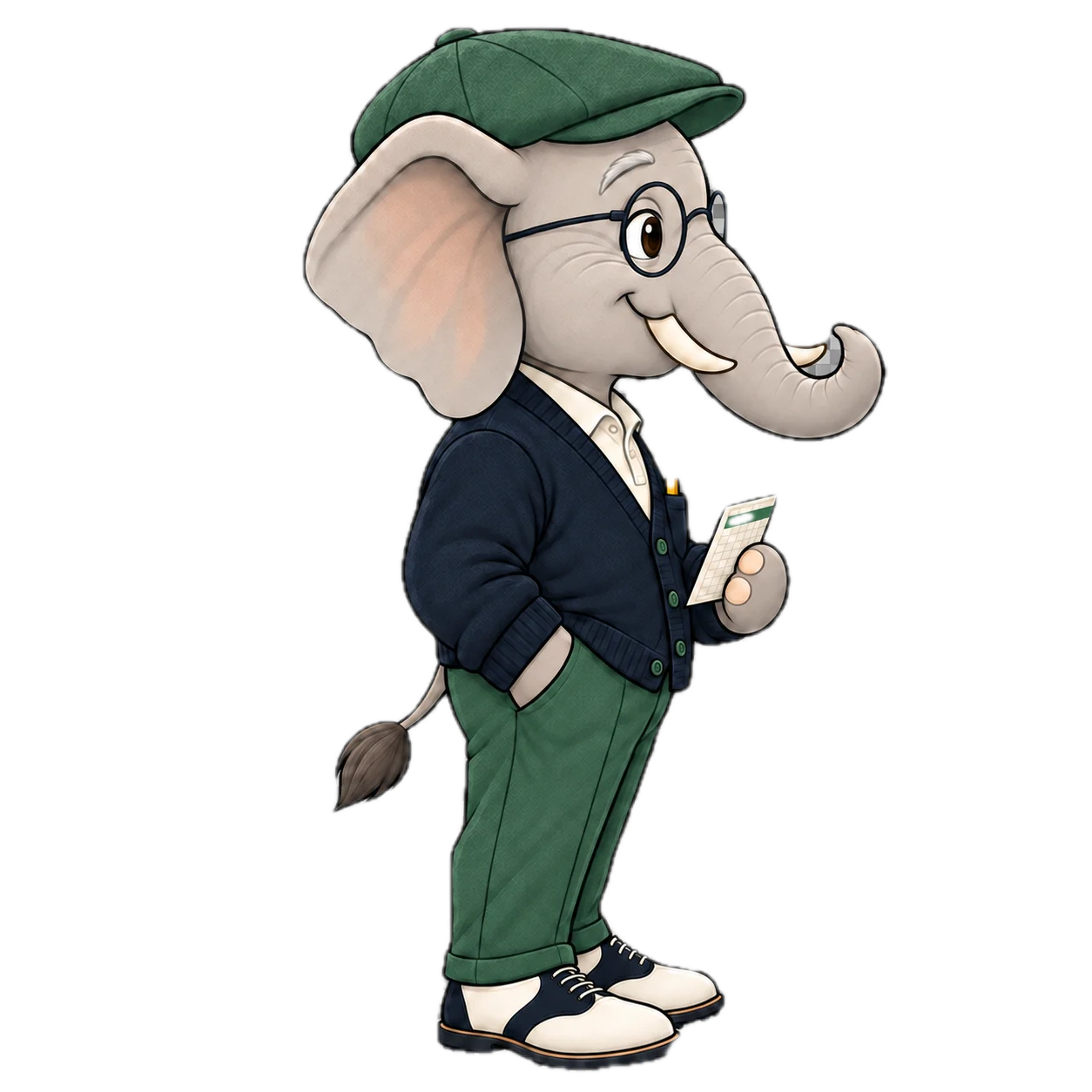 Elder Mentor elephant mascot viewed 90° right