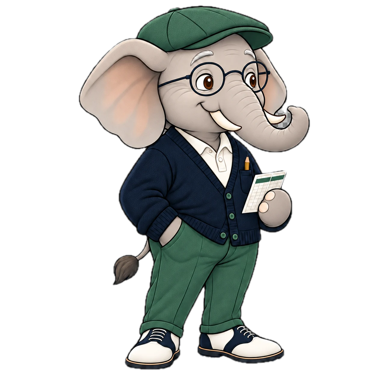 Elder Mentor elephant mascot viewed 45° right