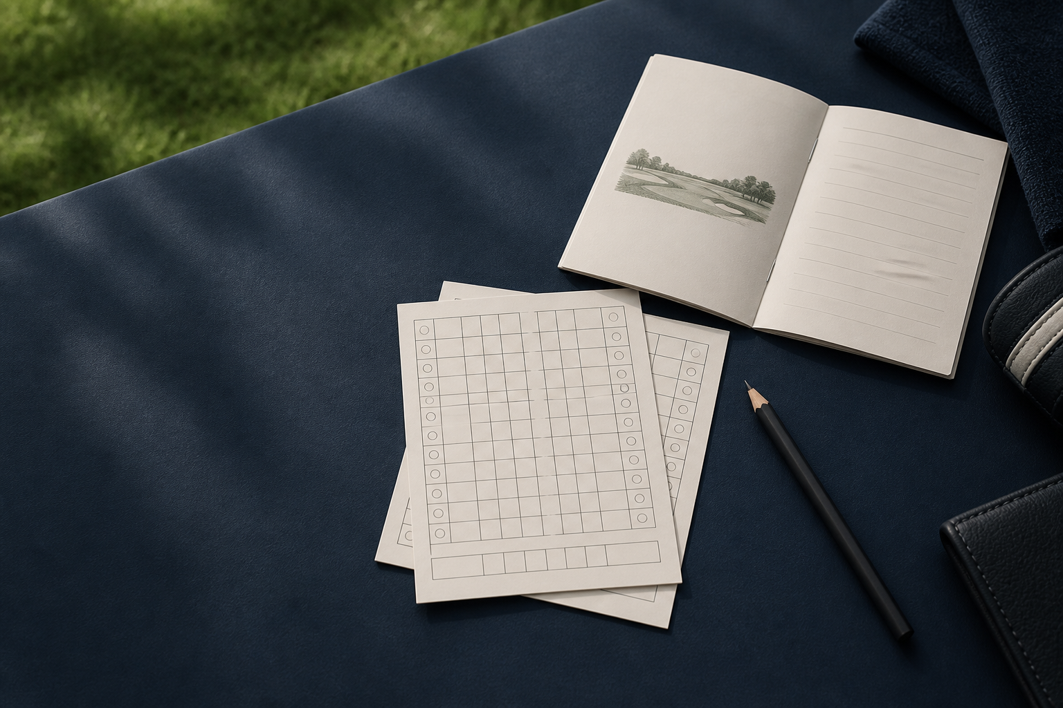Printable golf scorecards, a golf journal, and pencil arranged on a midnight-blue surface